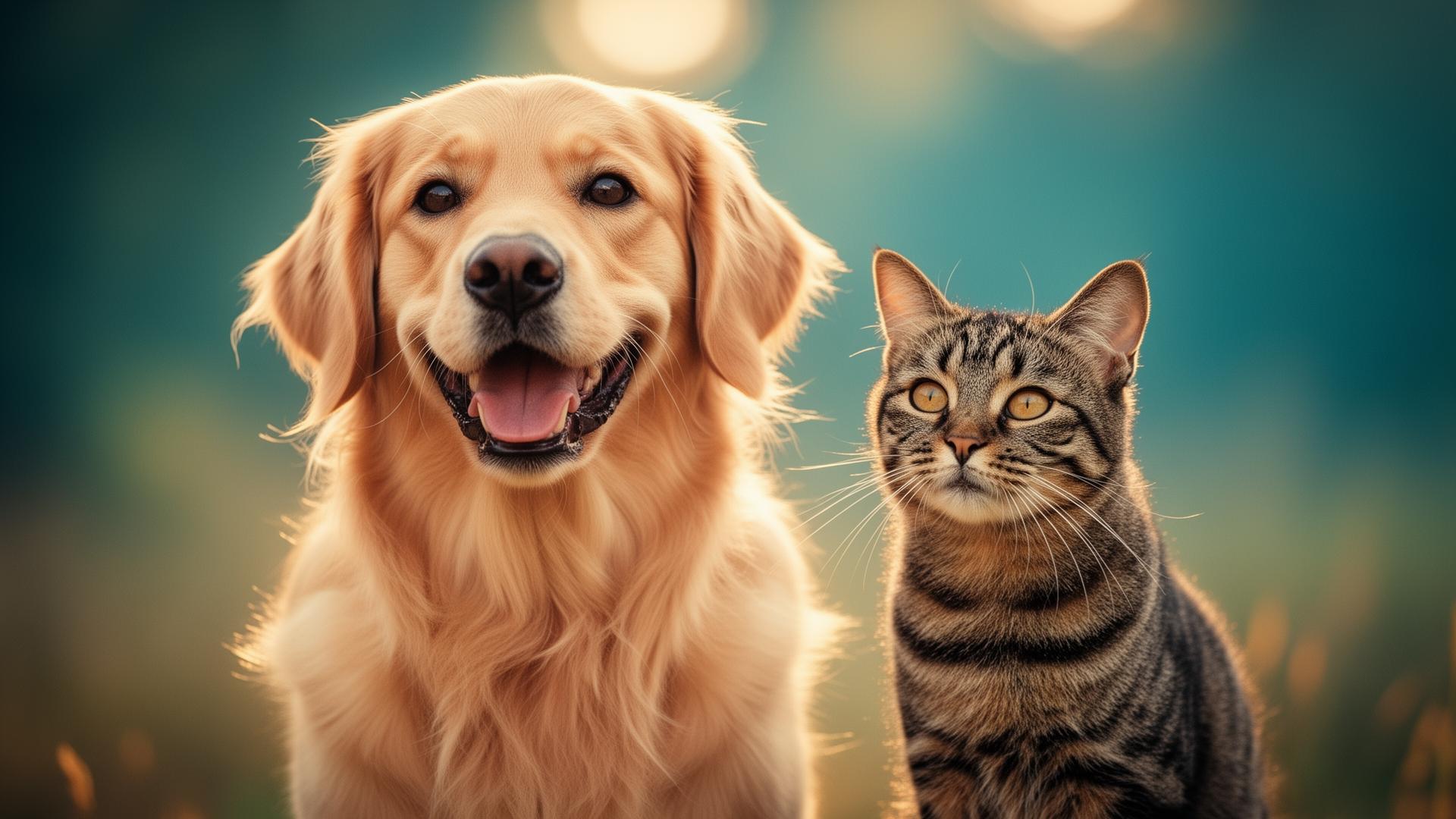 A happy golden retriever and tabby cat together